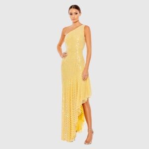 NWT $598 MAC DUGGAL Yellow One Shoulder Asymmetrical Hem Dress PEARLS 93741